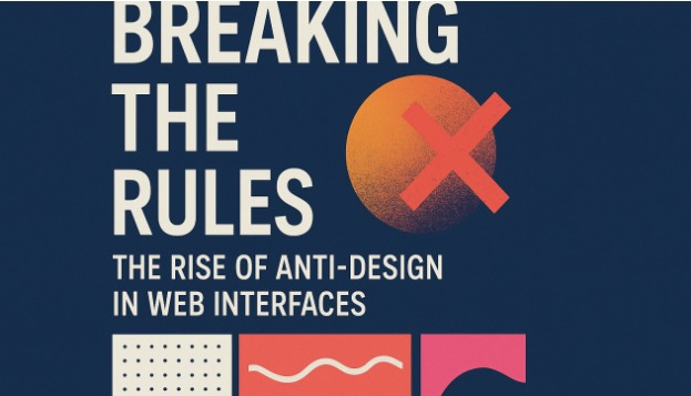 Breaking the Rules – The Rise of Anti-Design in Web Interfaces” – a creative graphic by SeekNeo showcasing bold, unconventional web design elements representing the trend of anti-design in modern UI/UX.